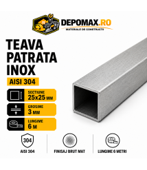 Teava patrata inox AISI 304, 25 x 25 x 3 mm, 6 metri